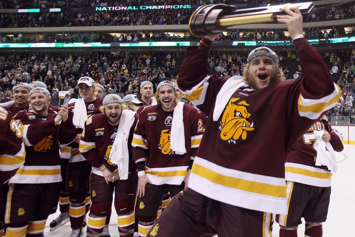 The defending National Champion Minnesota Duluth Bulldogs are holding onto the 2012 NCAA Men's Ice Hockey Tournament's fourth No. 1 seed, but placing them in a regional is proving difficult. (Photo by Elsa/Getty Images)