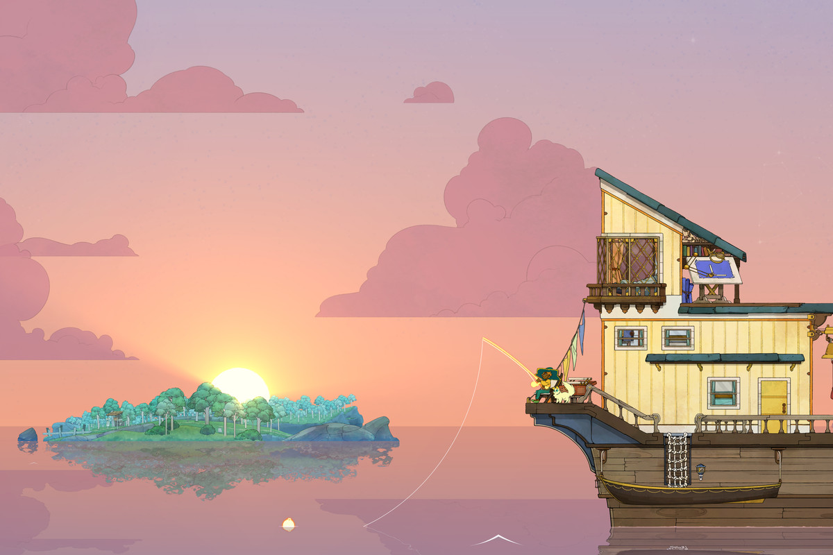 a ship with a person fishing, with an island in the center that the sun is setting behind, in Spiritfarer