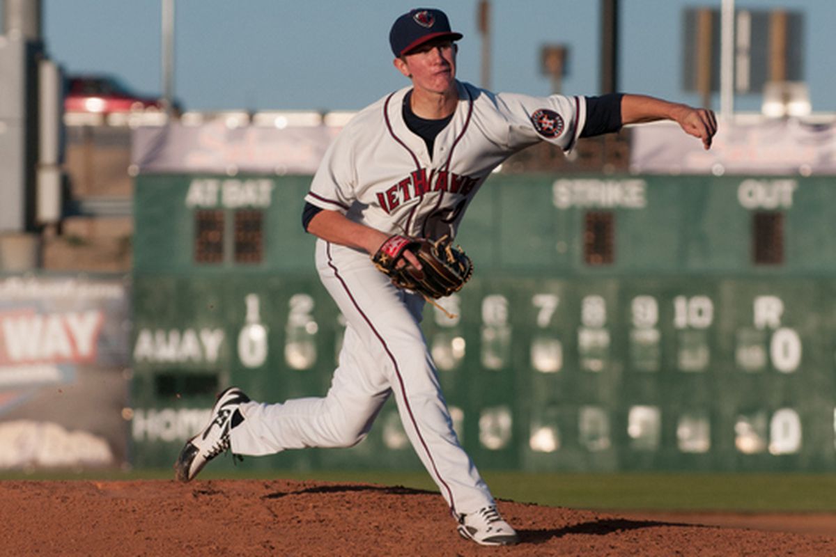 Astros prospect Josh Hader kicks and deals. Photo courtesy of Mike Hirsch and the Lancaster JetHawks