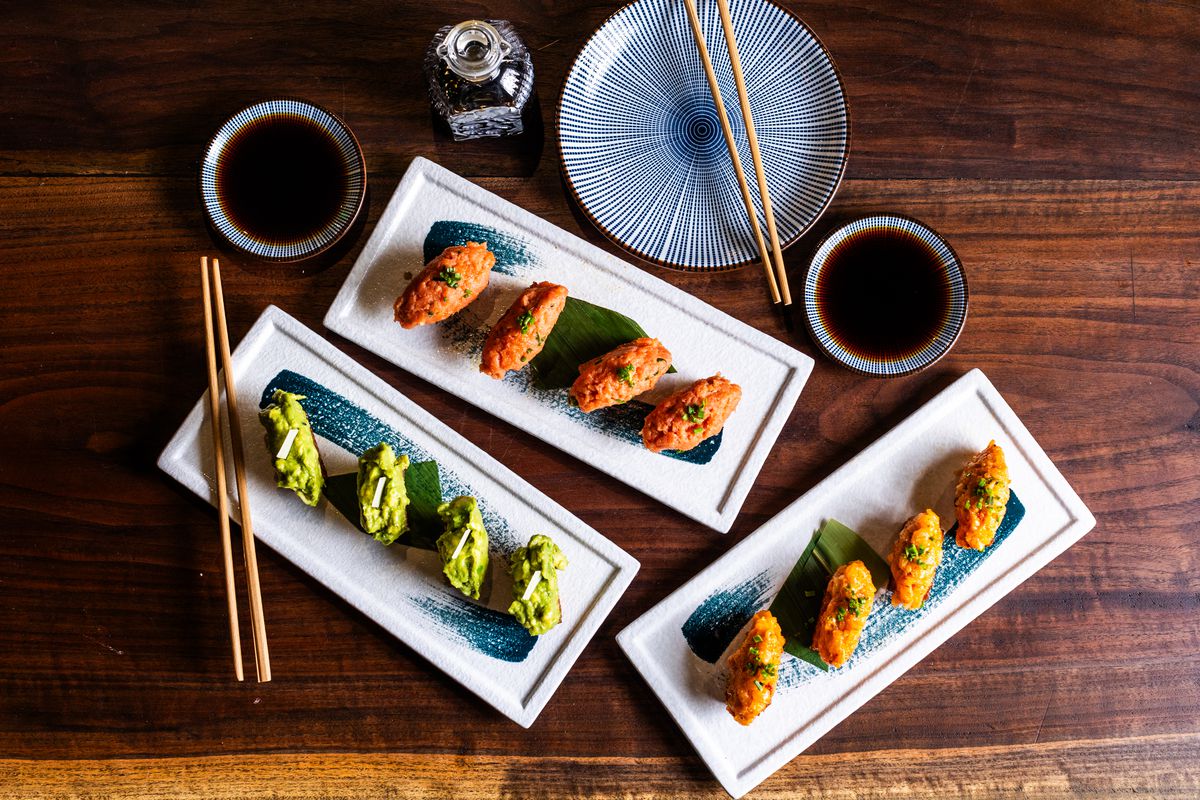 Rectangle plates of sushi.