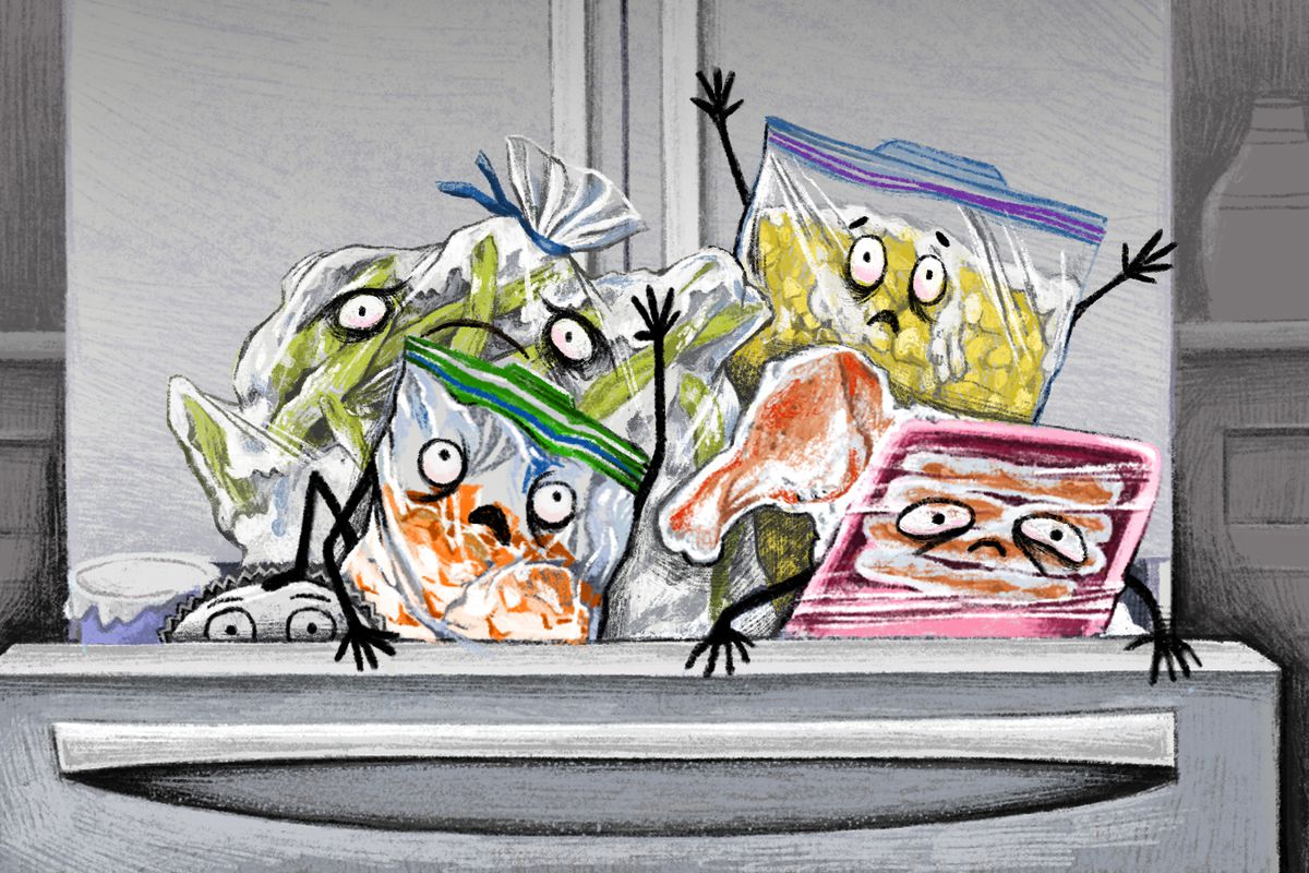 Anthropomorphized bags and containers of old food crawling zombie-like out of the freezer. Illustration.