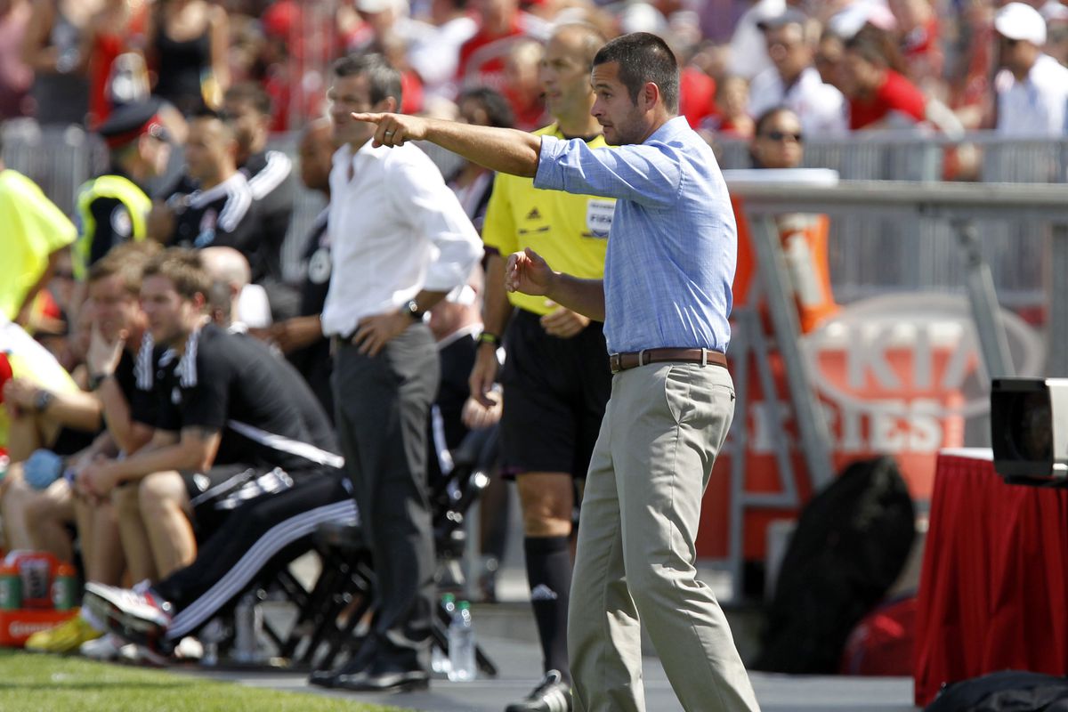 NY Coach, Mike Petke, prowling the touchlines at BMO Field