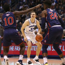 Brigham Young Cougars guard Connor Harding (44) looks to pass the ball against the Saint Mary's Gaels at the Marriott Center in Provo on Thursday, Jan. 24, 2019.