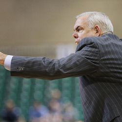 Brigham Young Cougars head coach Dave Rose shouts at the ref during the WCC tournament in Las Vegas Saturday, March 5, 2016. BYU won 72-60. 