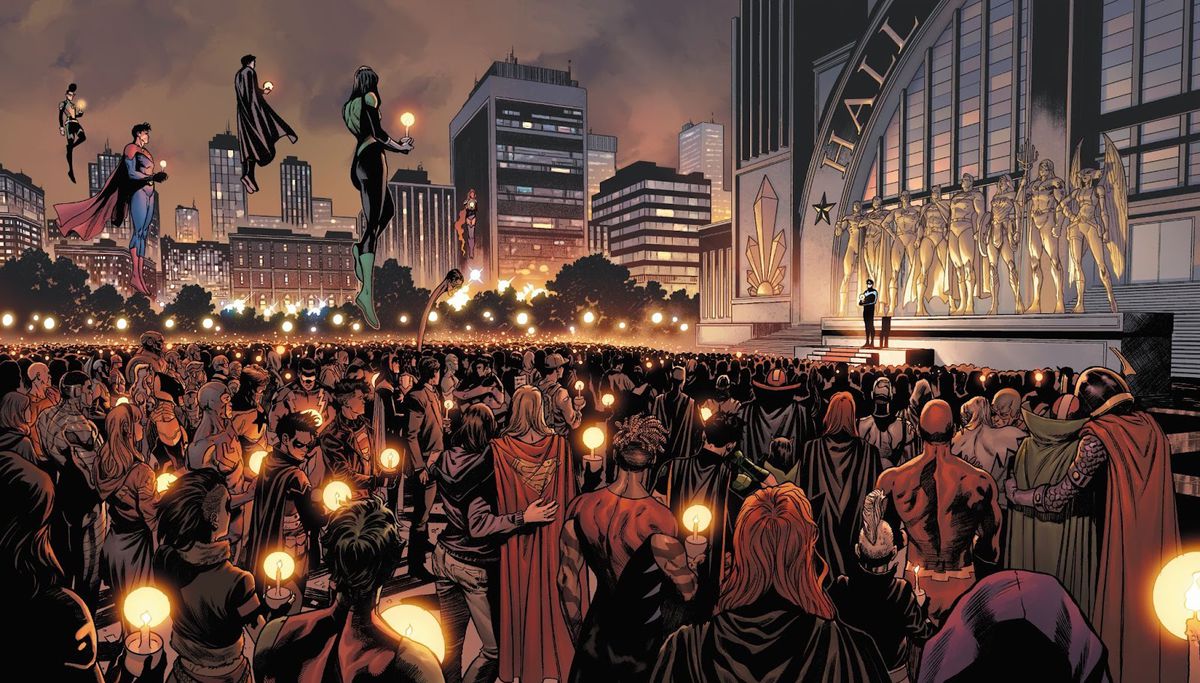 Superheroes and civilians gather for a candlelight vigil in front of the Hall of Justice to honor the fallen members of the Justice League in Dark Crisis #1 (2022).