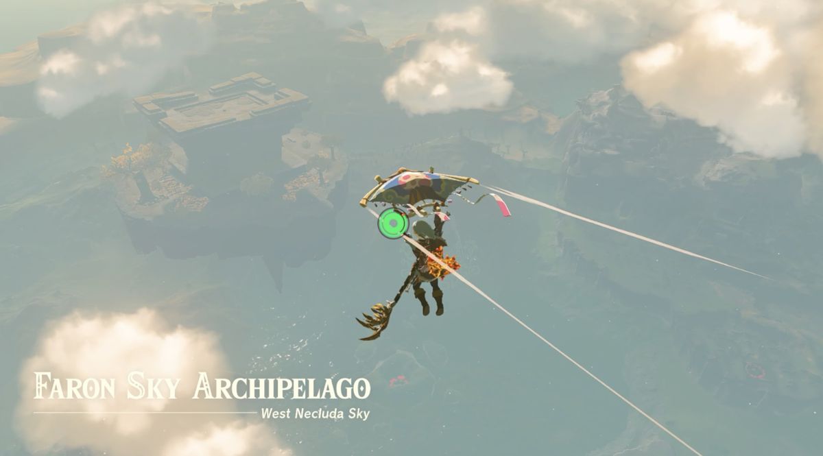 Link paragliding to the Faron Sky Archipelago in Zelda: Tears of the Kingdom