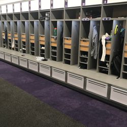 Every team - not just football - gets a state-of-the-art locker room. This one belongs to the only other team already back on campus for practice: women’s soccer.