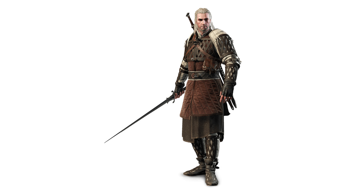 Witcher 3’s Geralt wearing the Dol Blathanna gear, which has a brown leather appearance and a lattice pattern on the gauntlets and chest piece.