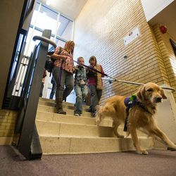 Teacher Melissa Lovell and aid Fern Wilson help Britton Voss and his service dog Dopey into the school in Clearfield on Monday, Dec. 19, 2016.