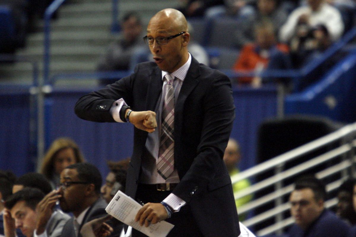 UConn associate head coach Raphael Chillious during the Monmouth Hawks vs UConn Huskies men's college basketball game at the XL Center in Hartford, CT on December 2, 2017.