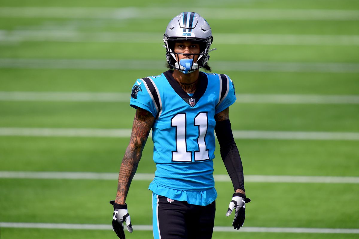 Robby Anderson #11 of the Carolina Panthers during warm up before the game against the Los Angeles Chargers at SoFi Stadium on September 27, 2020 in Inglewood, California.