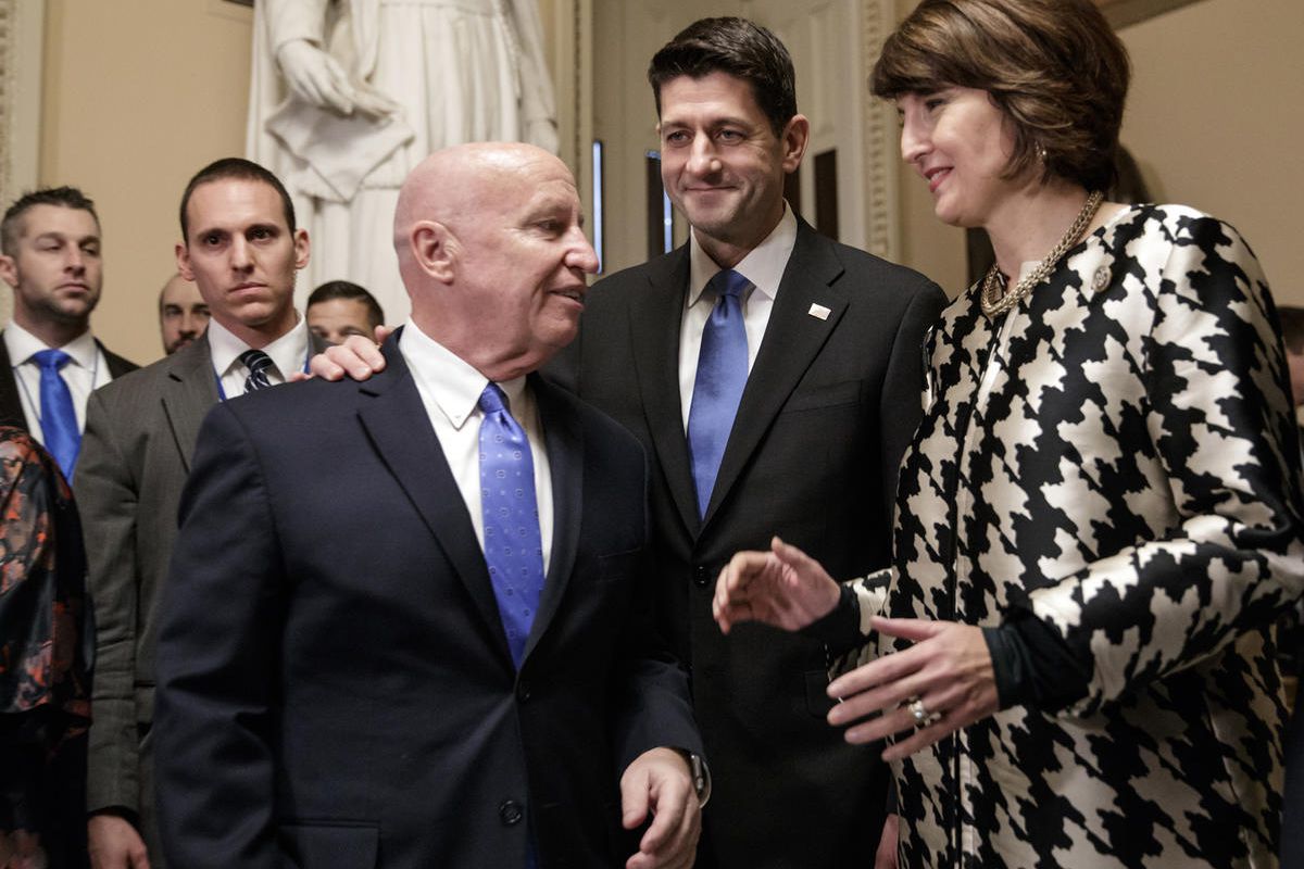 From left, House Ways and Means Committee Chairman Kevin Brady, R-Texas, Speaker of the House Paul Ryan, R-Wis., and Rep. Cathy McMorris Rodgers, R-Wash., chair of the Republican Conference, prepare to speak to reporters after passing the GOP tax reform b