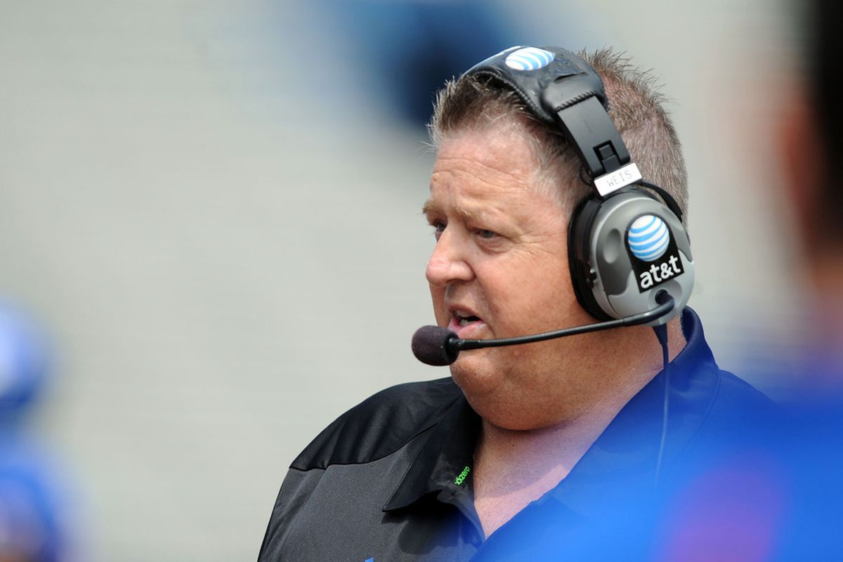 Apr 28, 2012; Lawrence, KS, USA; Kansas Jayhawks head coach Charlie Weis watches during the first half of the Spring Game at Memorial Stadium. Mandatory Credit: John Rieger-US PRESSWIRE