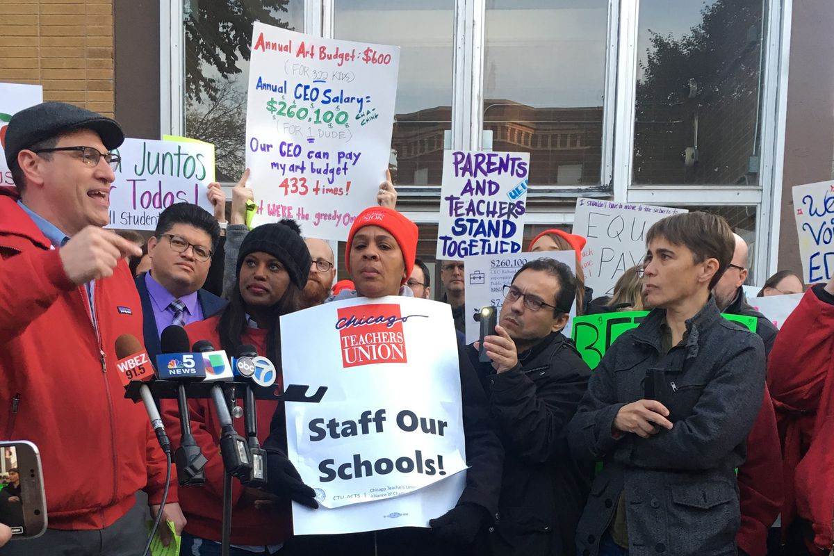 Teachers from Acero charter schools in Chicago protest stalled negotiations  Oct. 24, 2018, as they readied to vote on authorizing a strike.