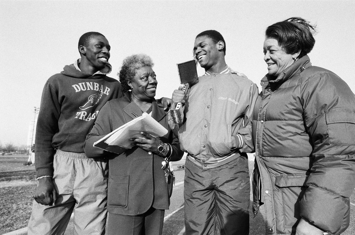 Track coaches Dorothy Dawson and Jane Dickens at a Dunbar High School track practice in 1984