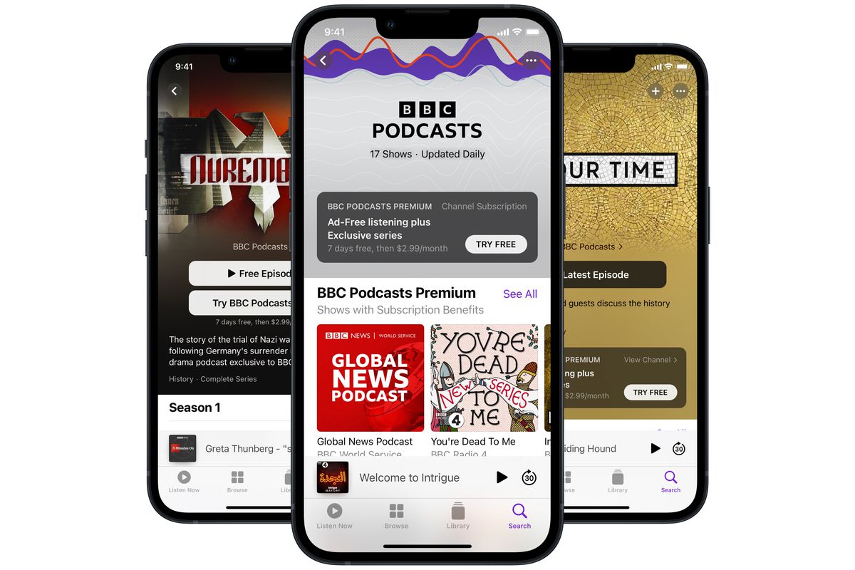 Three iPhones showing BBC shows on Apple Podcasts, including In Our Time and Nuremberg: The Trial of the Nazi War Criminals.
