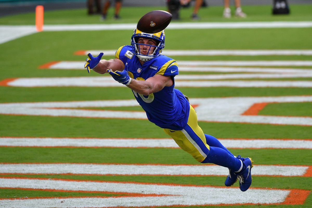 Cooper Kupp #10 of the Los Angeles Rams stretches out for a catch against the Miami Dolphins at Hard Rock Stadium on November 01, 2020 in Miami Gardens, Florida.