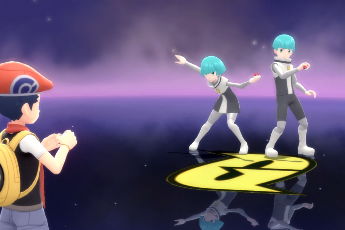 A Pokémon trainer stares at two similar-looking characters in Pokémon Brilliant Diamond and Shining Pearl