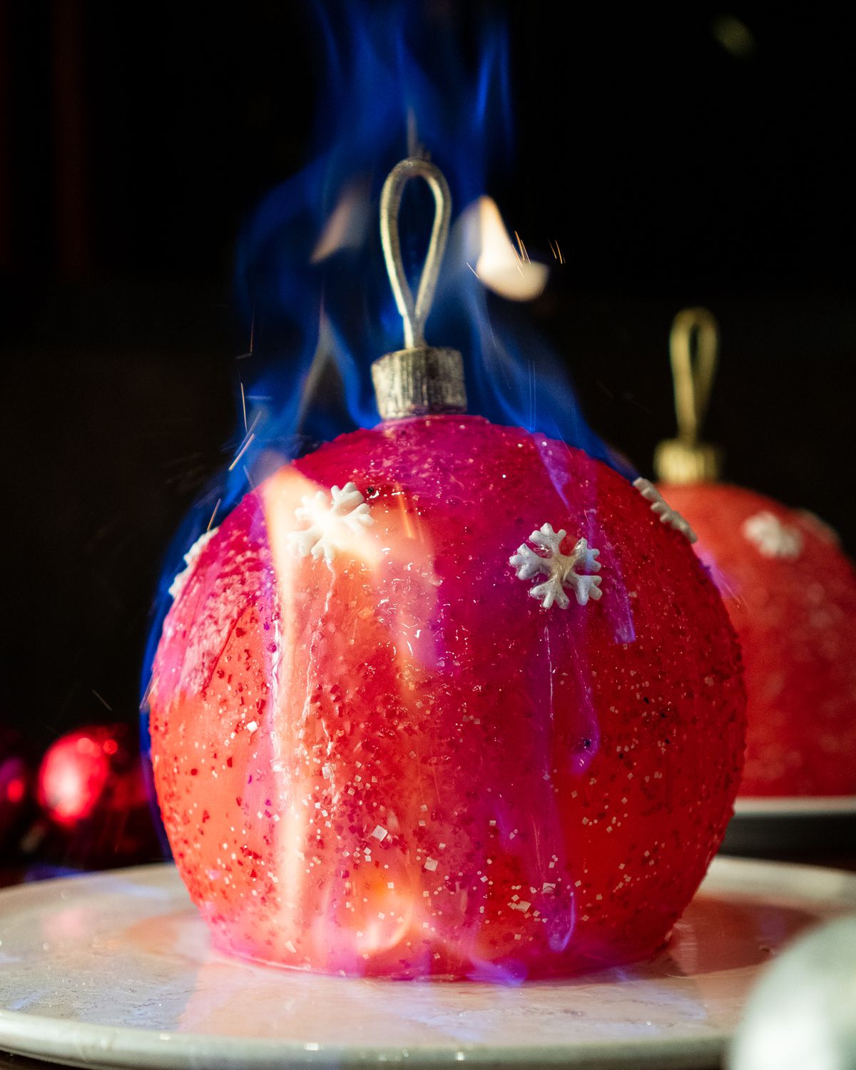 A flaming Christmas tree ornament tartufo