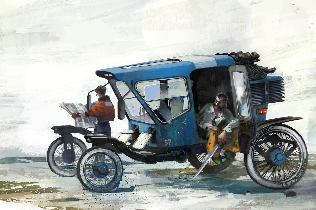 artwork of Disco Elysium’s main characters, Kim Kitsuragi (left) and the ever-changing protagonist (right), lounging around a buggy