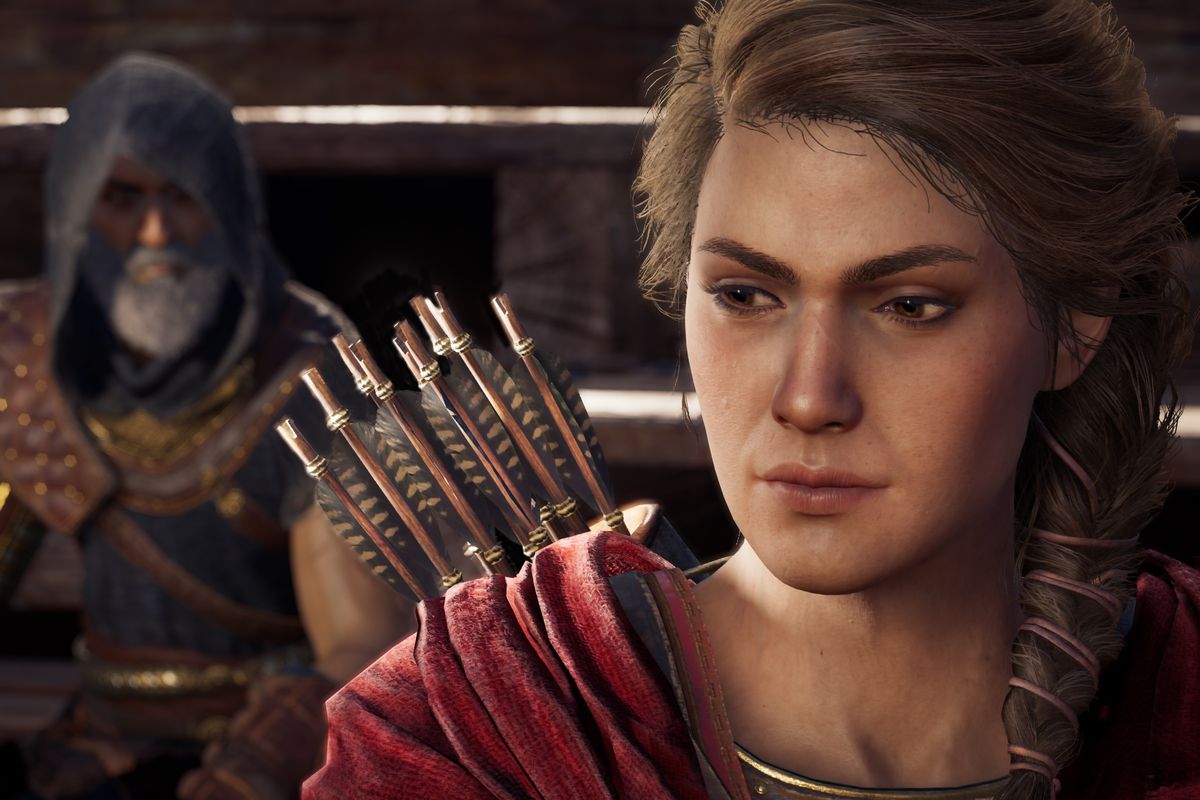 Assassin’s Creed Odyssey - Kassandra with a hooded figure behind her