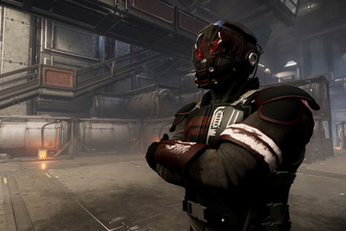 A character from Star Citizen stands in a hangar