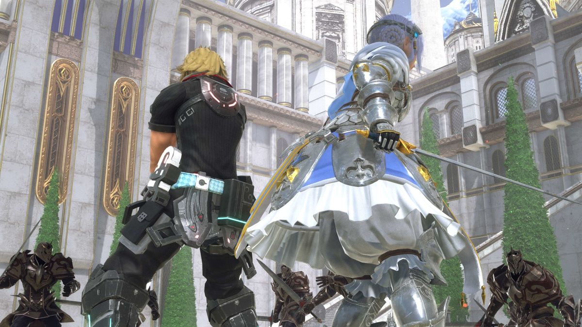 Laeticia and Ray stand back to back against enemy guards in Star Ocean: The Divine Force