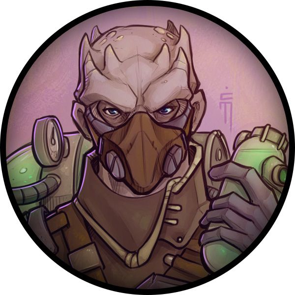 A character token of a player holding a phial of green liquid. The character is gray and looks like Darth Maul.