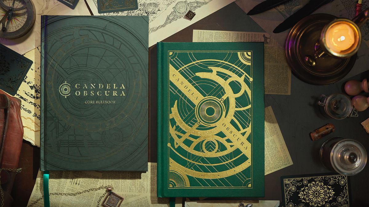 Two versions of the Candela Obscura Core Rulebook laid out on a table full of ephemera from a campaign.