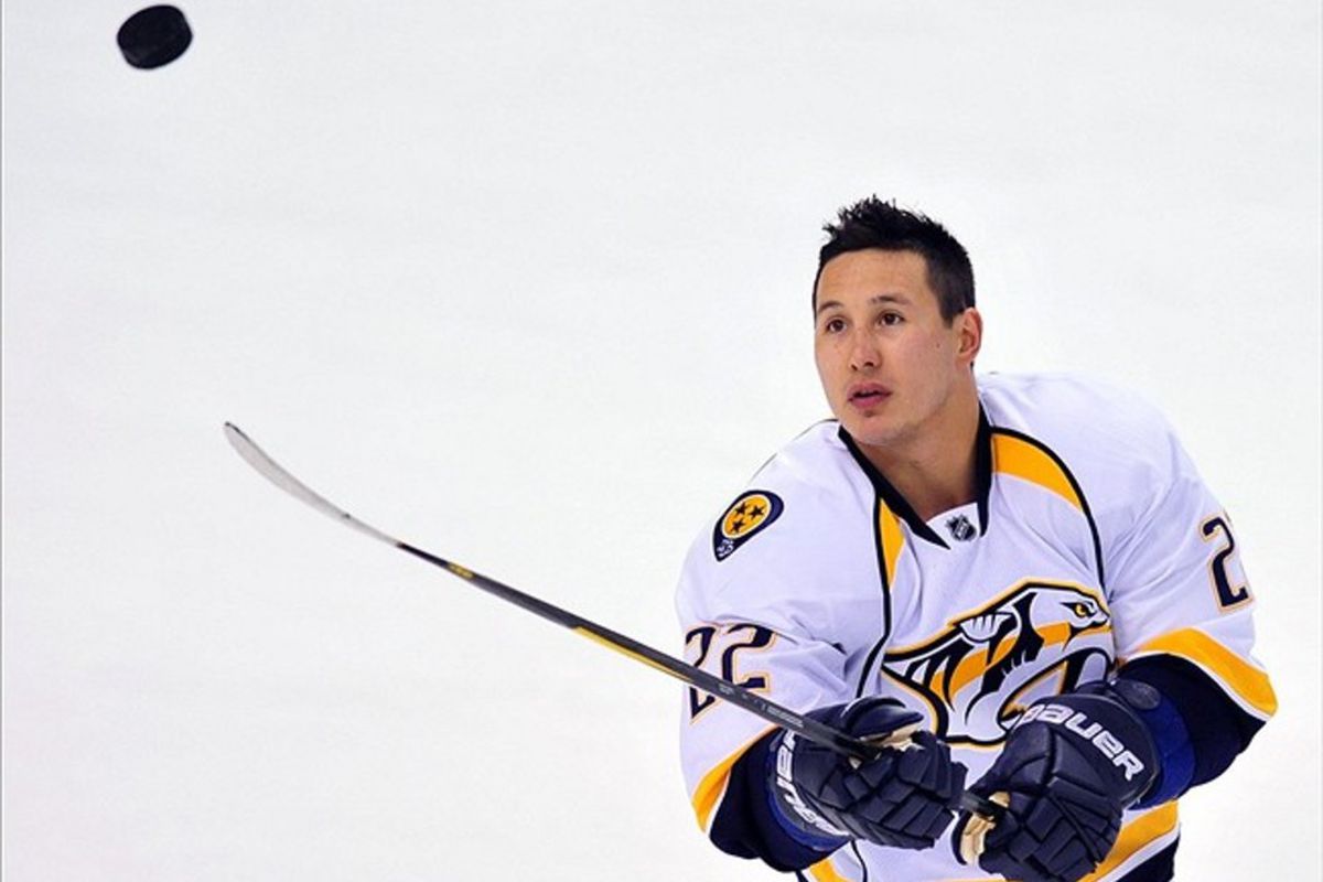 March 3, 2012: Sunrise, FL, USA; Nashville Predators right wing Jordin Tootoo (22) warms up with a puck before a game against the Florida Panthers at the BankAtlantic Center. Mandatory Credit: Steve Mitchell-US PRESSWIRE