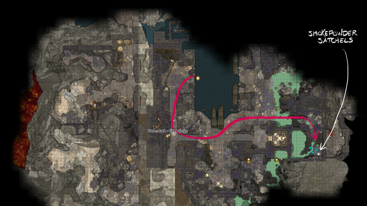 Baldur’s Gate 3 map of the Grymforge with the location of two Smokepowder Satchels marked
