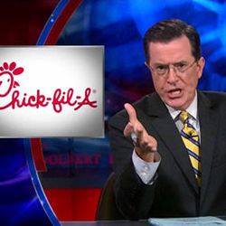 <a href="http://eater.com/archives/2012/07/27/stephen-colbert-on-chickfila.php">Stephen Colbert on Chick-fil-A: You 'Believe What You Eat'</a>