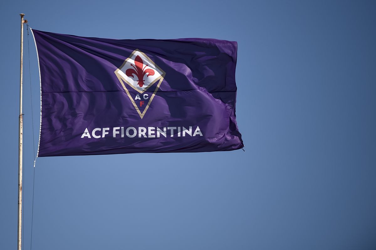 A flag of ACF Fiorentina waves prior to the Serie A football...