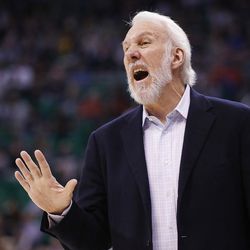 San Antonio Spurs head coach Gregg Popovich yells during NBA action in Salt Lake City on Friday, Nov. 4, 2016.