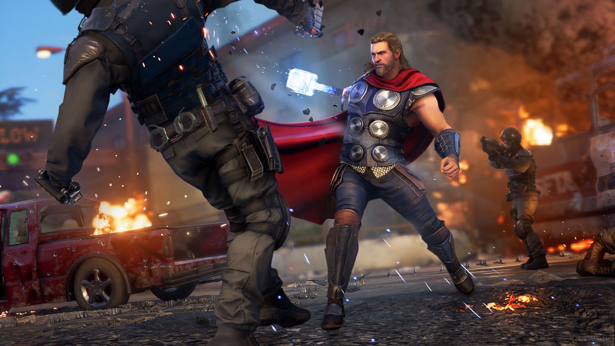 Thor wields his mighty hammer against a soldier in Marvel’s Avengers