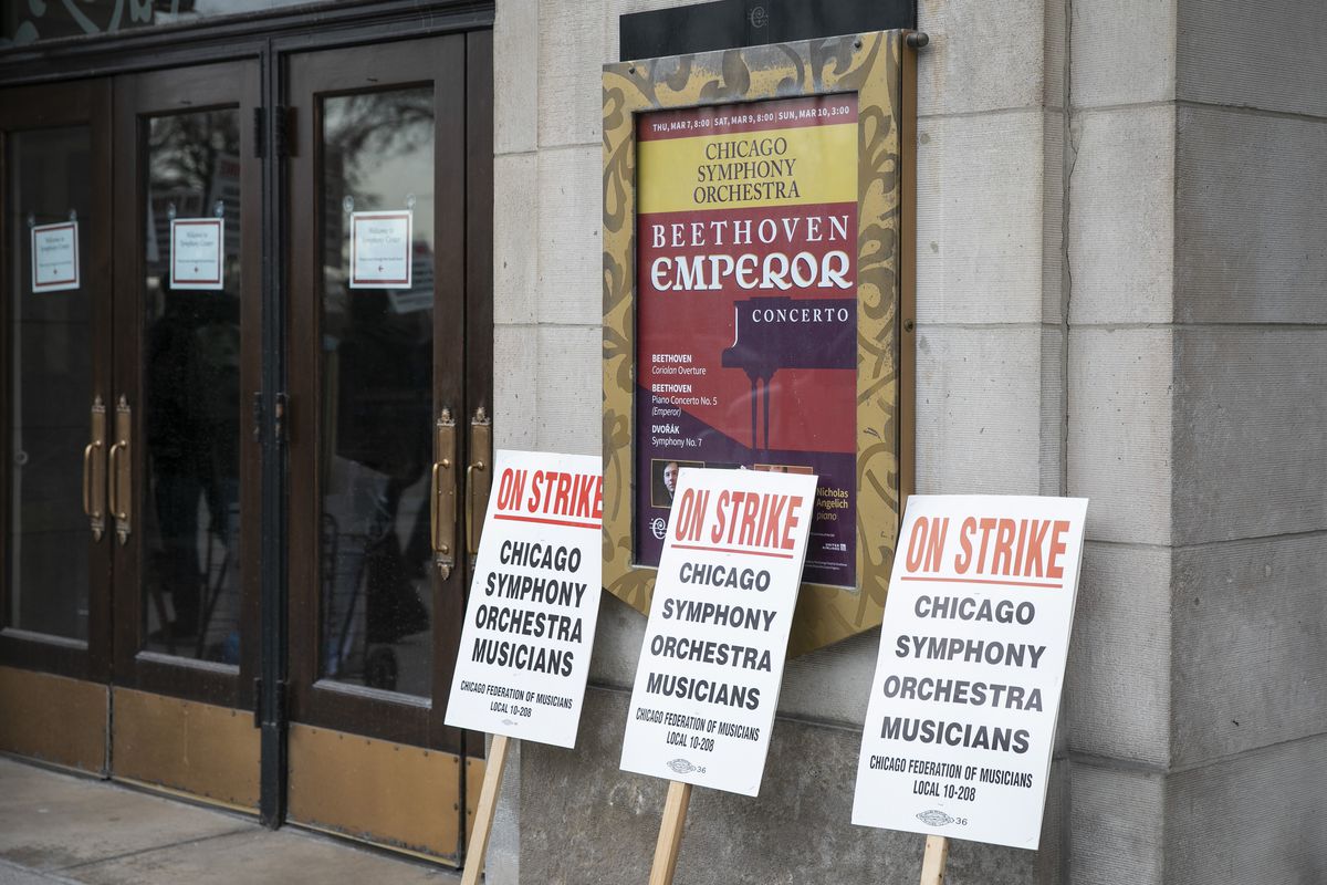 Chicago Symphony Orchestra musicians went on strike Sunday and were walking a picket line Monday morning on Michigan Avenue outside Orchestra Hall. Performances are now suspended, the union said in a statement Sunday night. A picket line outside Orchestra