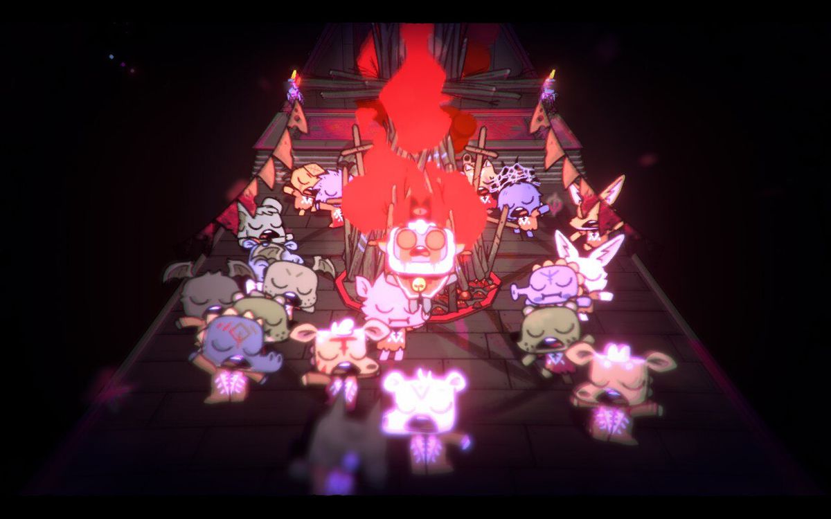 Screenshot from Cult Of The Lamb featuring a lamb levitating in front of a bonfire as woodland creatures dance around it in a ritual to appease the gods