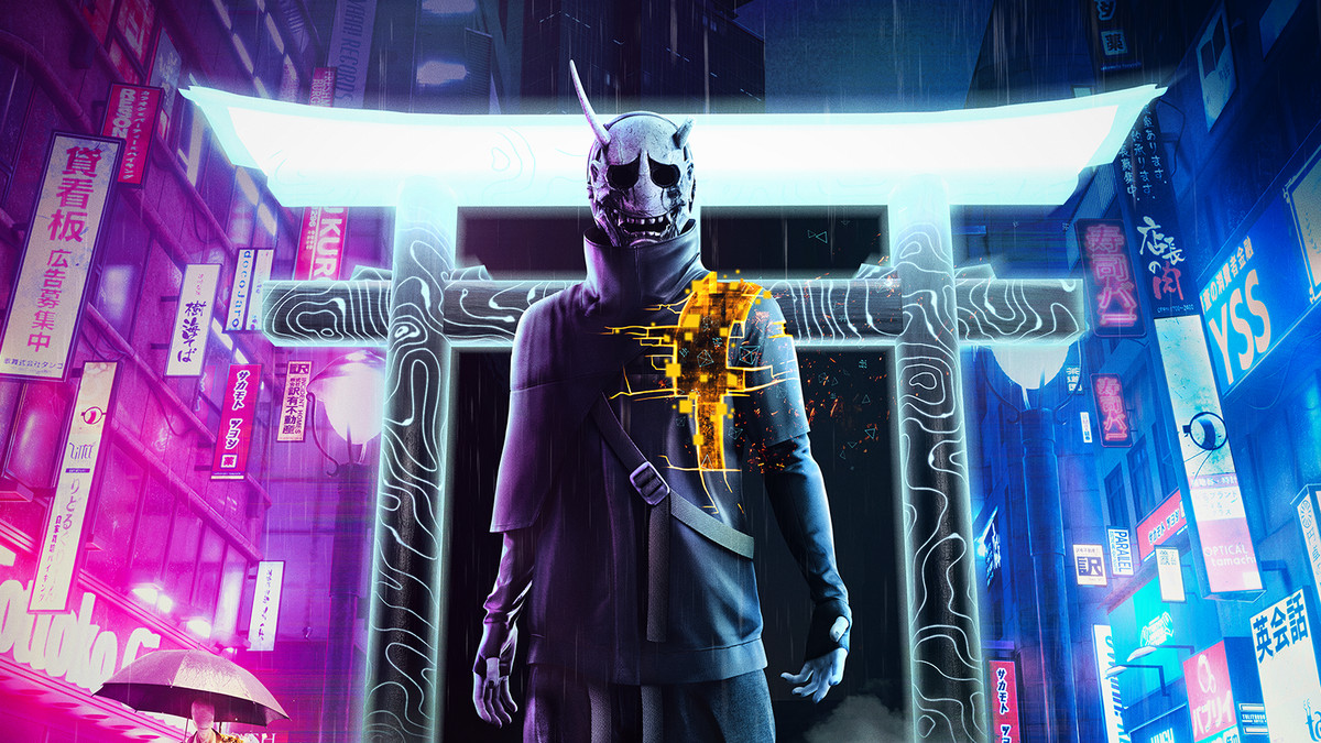 The antagonist of Ghostwire: Tokyo stands in front of an arch, and is backlit by neon lights 