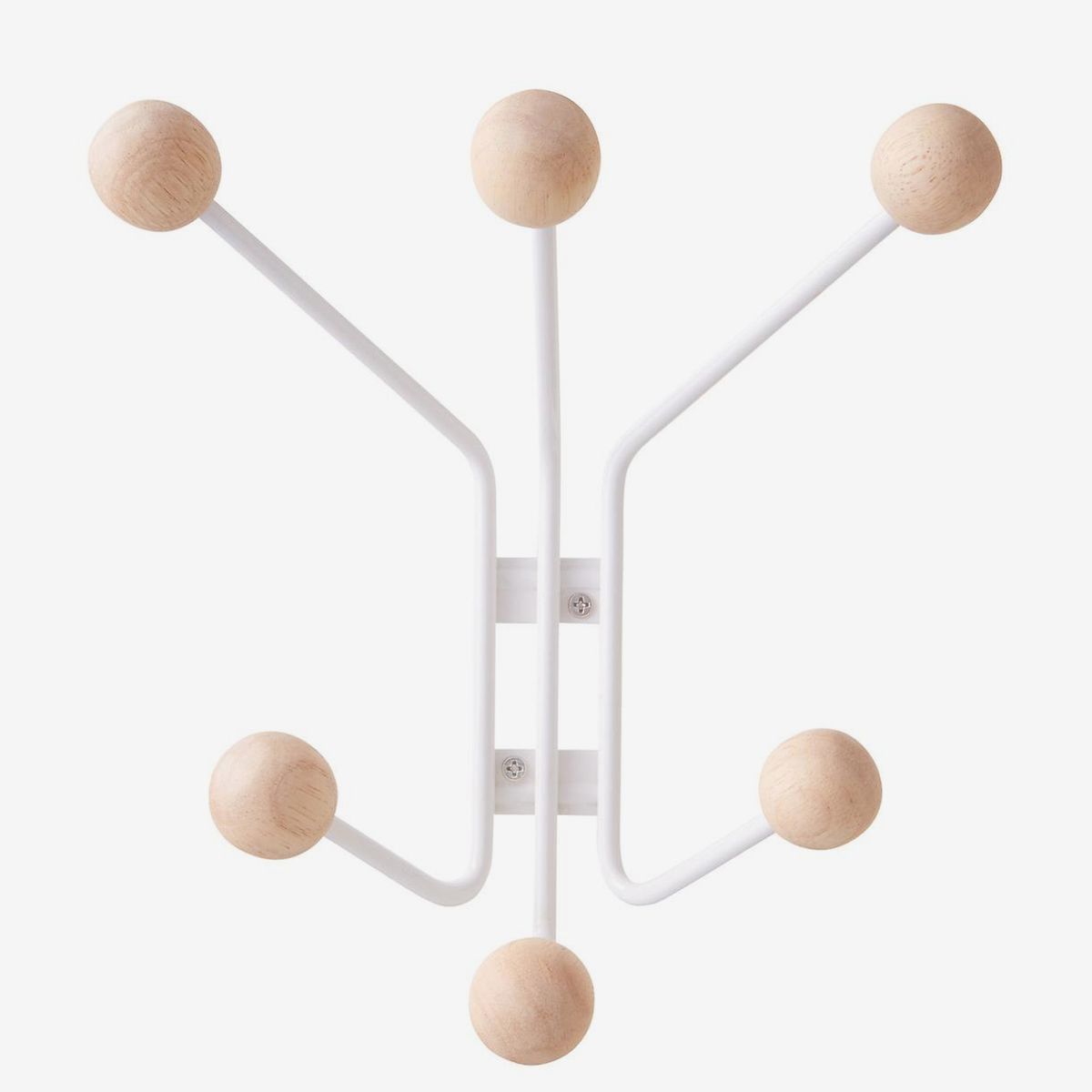 White hanger with spherical wooden knobs. 