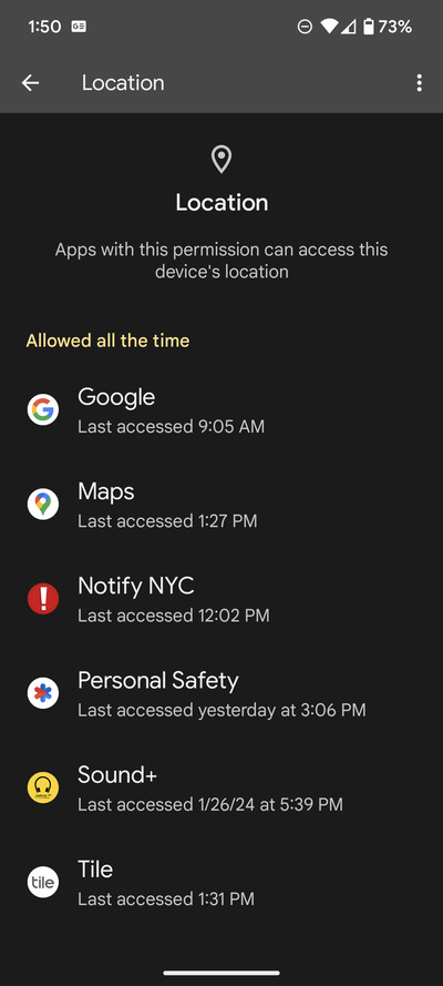 Location page with subhead “Allowed all the time” and several apps listed under it.
