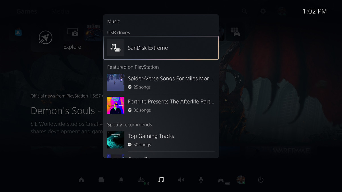 a screenshot of the Control Center above the PlayStation 5 dashboard, with a USB drive selected in the Music tab