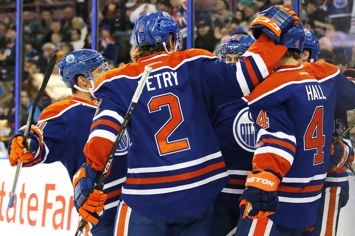 The celebration after Jordan Eberle's goal 8 seconds into the second period