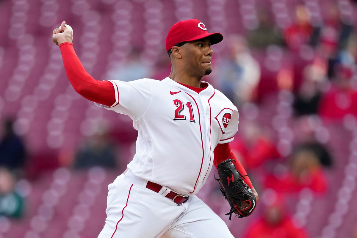 Hunter Greene #21 of the Cincinnati Reds pitches in the first inning against the Tampa Bay Rays at Great American Ball Park on April 17, 2023 in Cincinnati, Ohio.  