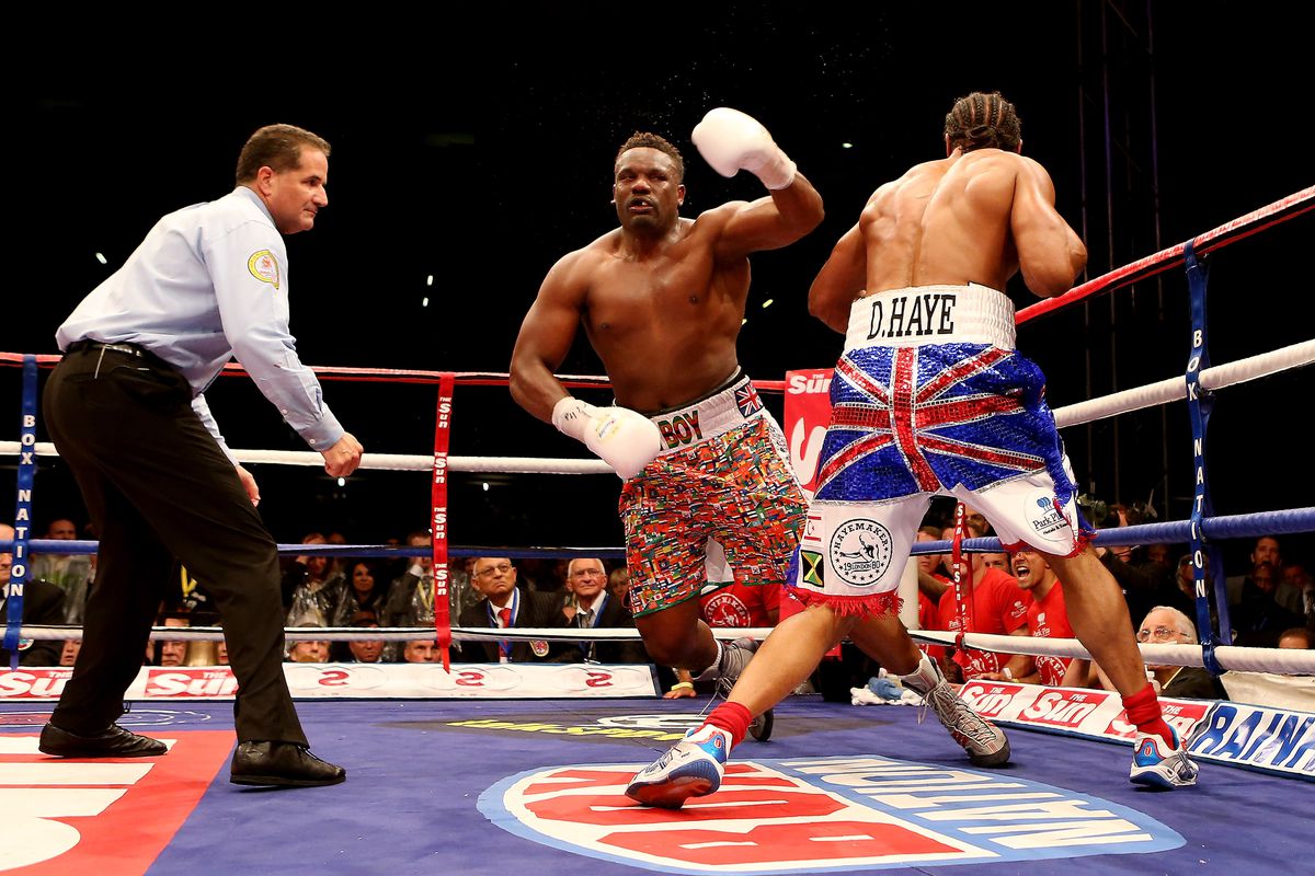 LONDON, ENGLAND - JULY 14:  David Haye knocks out Dereck Chisora during their vacant WBO and WBA International Heavyweight Championship bout on July 14, 2012 in London, England.  (Photo by Scott Heavey/Getty Images)