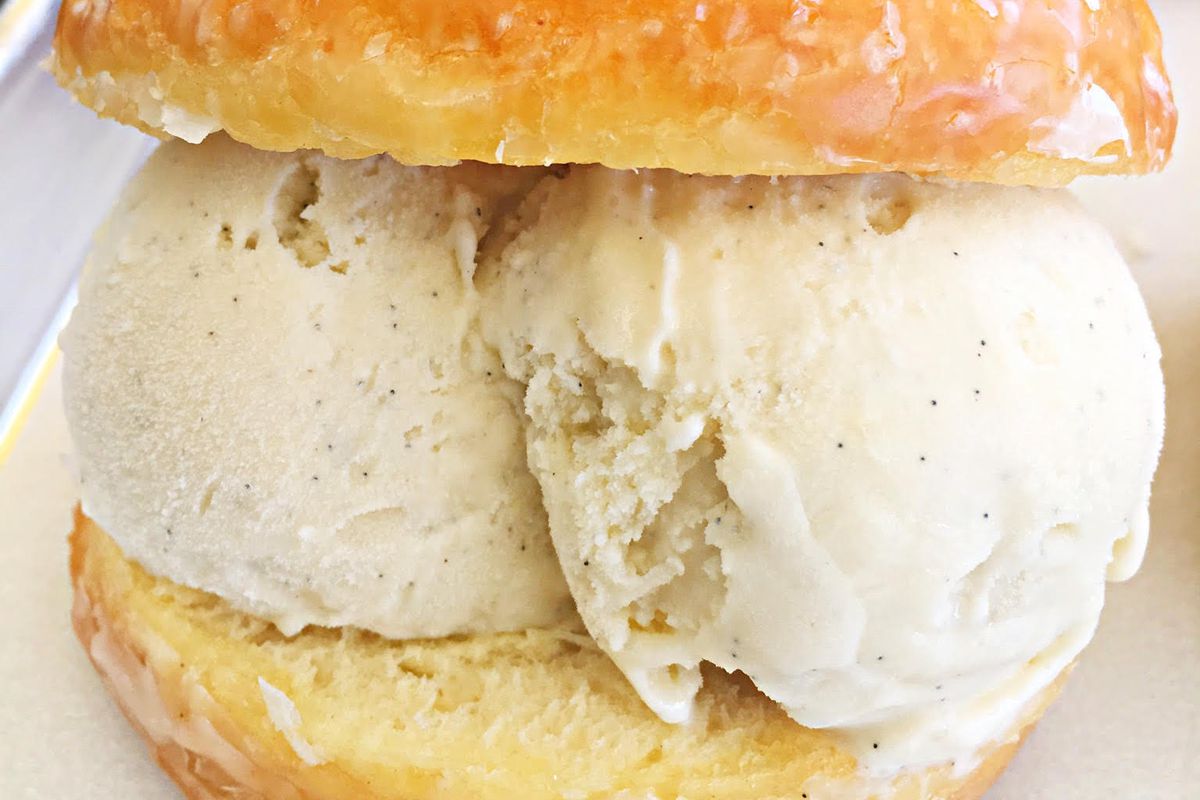 The Donut Double Scoop Sandwich, pictured with vanilla bean.