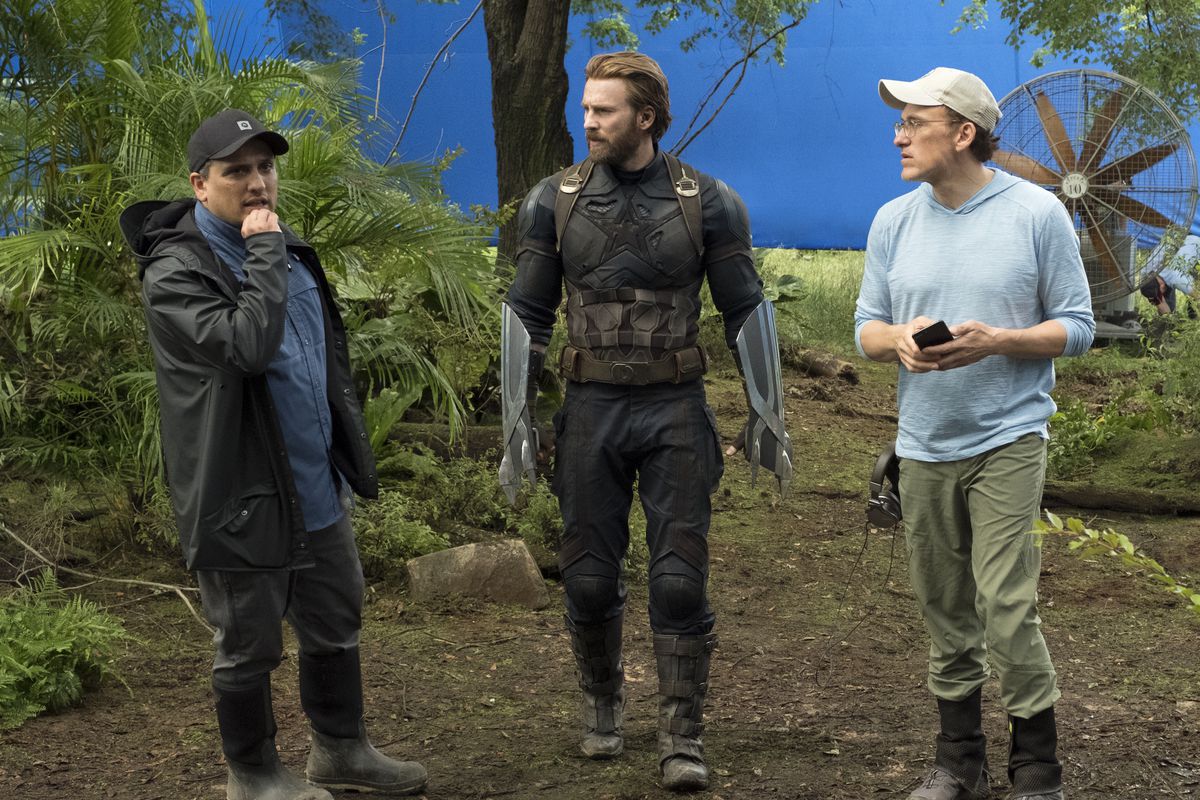 joe and anthony russo with chris evans on avengers infinity war