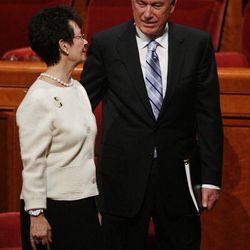 President Dieter Uchtdorf walks with his wife Harriet after the 182nd Annual General Conference for The Church of Jesus Christ of Latter-day Saints in Salt Lake City  Sunday, April 1, 2012. 