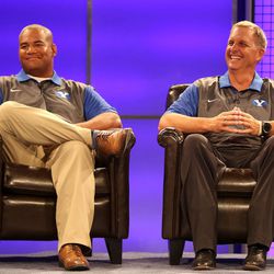 Defensive coordinator Ilaisa Tuiaki and offensive coordinator Ty Detmer answer questions during BYU Media Day at BYU Broadcasting in Provo on Thursday, June 30, 2016.