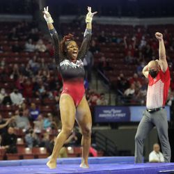 The University of Utah’s Cammy Hall reacts after competing on the vault against Brigham Young University, Utah State University and Southern Utah University in the Rio Tinto Best of Utah NCAA gymnastics meet at the Maverik Center in Salt Lake City on Friday, Jan. 7, 2022. Utah won.