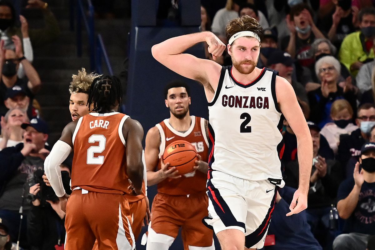 Gonzaga Bulldogs forward Drew Timme celebrates after a basket against the Texas Longhorns in the second half at McCarthey Athletic Center.